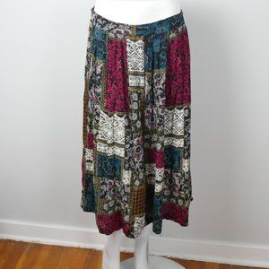 Vintage Options by Worthington Patchwork Black Green and Pink Midi Skirt Large